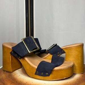 Navy Suede Wooden Platform Clog Mules Chunky Heel Strappy Sandals Size 9